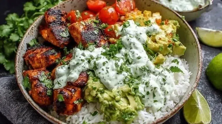 Delicious cilantro lime chicken bowls with fresh vegetables and rice