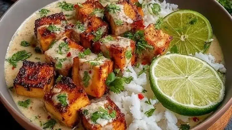 Delicious Coconut Lime Tofu served with fresh vegetables