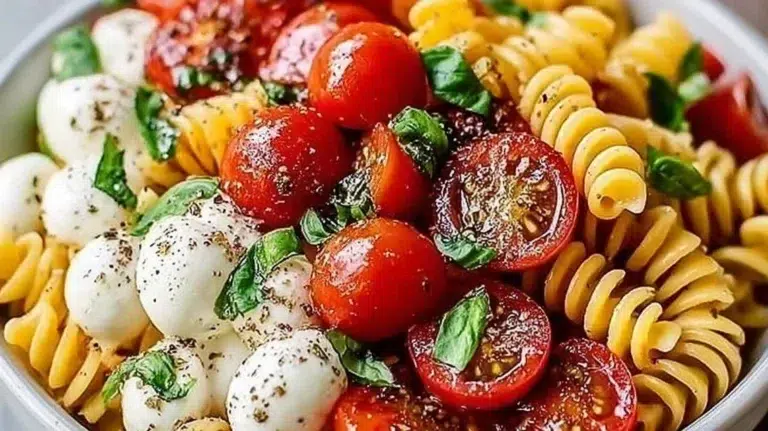 Colorful Caprese Pasta Salad with tomatoes, mozzarella, and basil