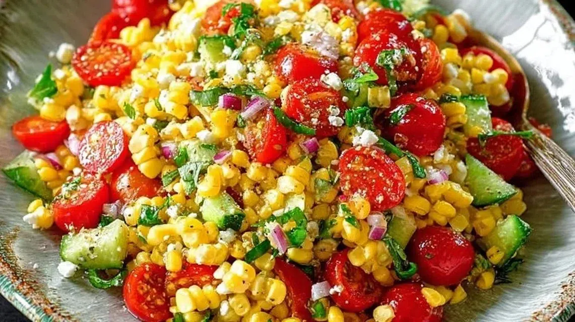 Colorful corn salad with fresh vegetables in a bowl
