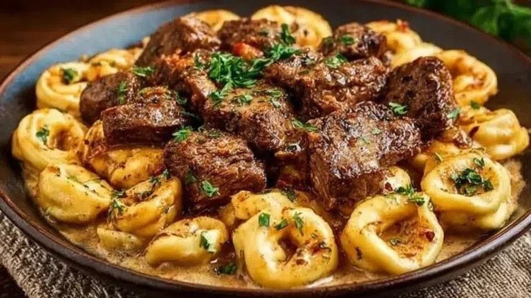 Cracked Garlic Steak Tortellini in creamy sauce