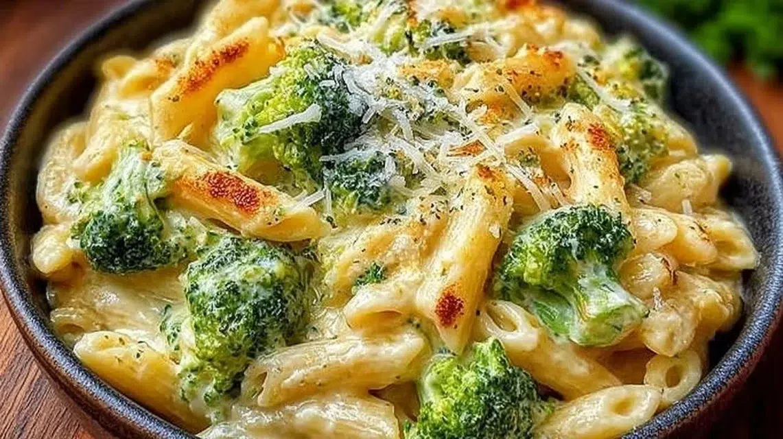 Creamy broccoli pasta topped with cheese served in a bowl.