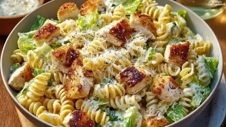 Creamy chicken pasta salad with vegetables and herbs in a bowl