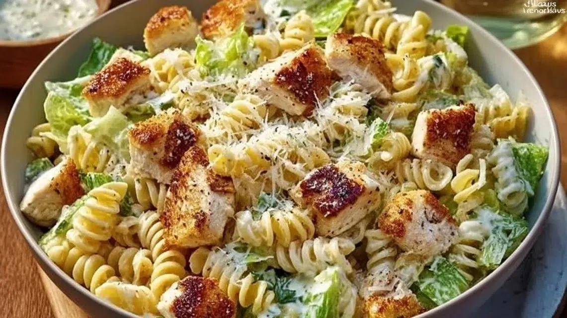 Creamy chicken pasta salad with vegetables and herbs in a bowl