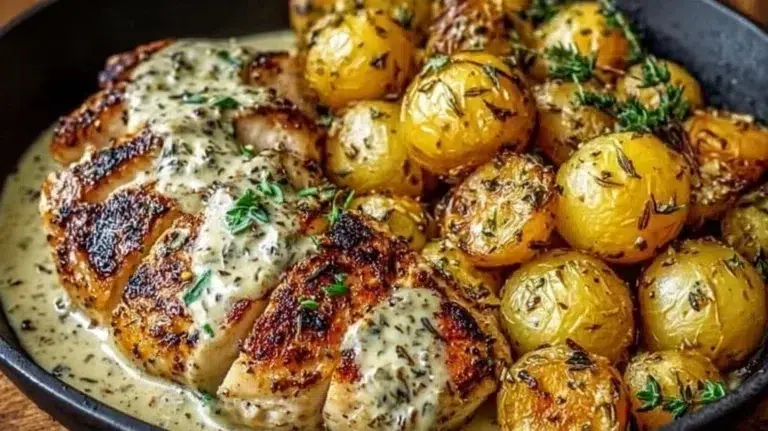 Delicious creamy garlic chicken served on a plate with herbs and spices.