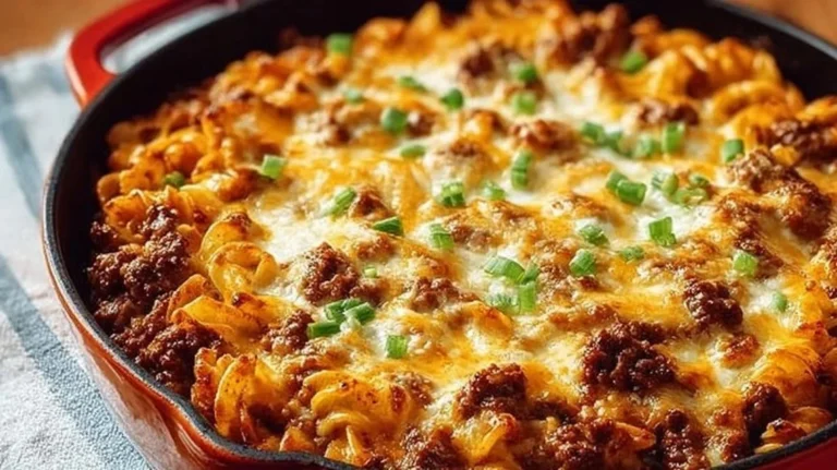 Creamy ground beef casserole with cream cheese in a baking dish