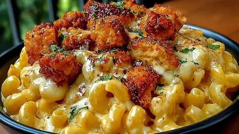 Creamy Honey Pepper Chicken Mac and Cheese topped with herbs and spices.