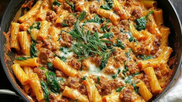 Delicious creamy sausage rigatoni with spinach in a bowl