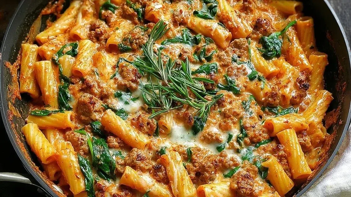 Delicious creamy sausage rigatoni with spinach in a bowl