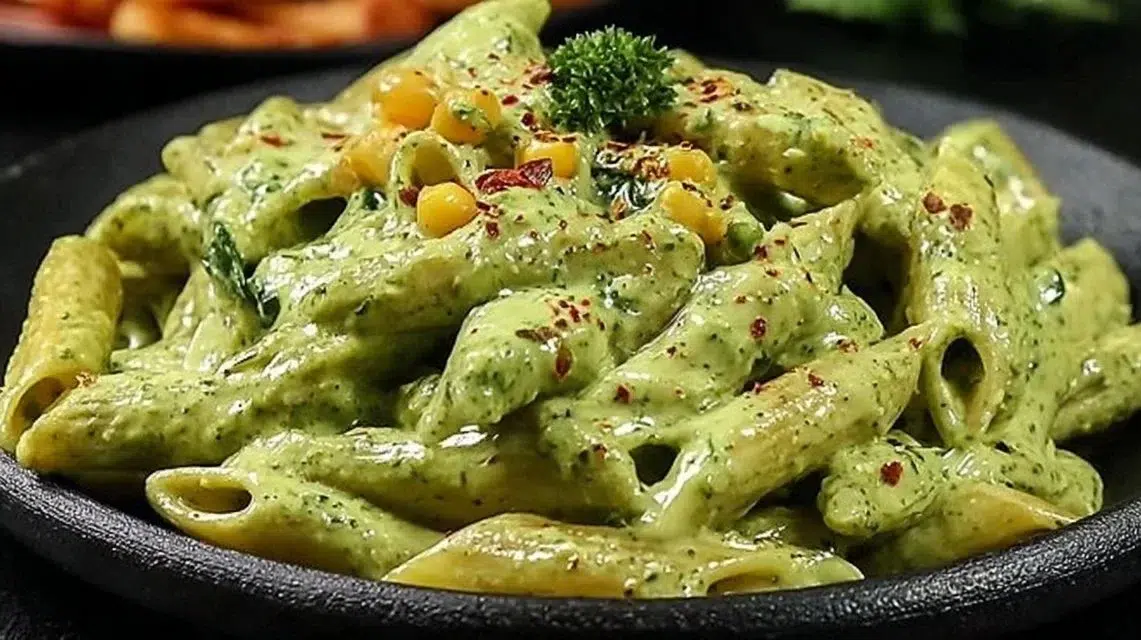 Creamy spinach pasta served in a bowl with garnished herbs.