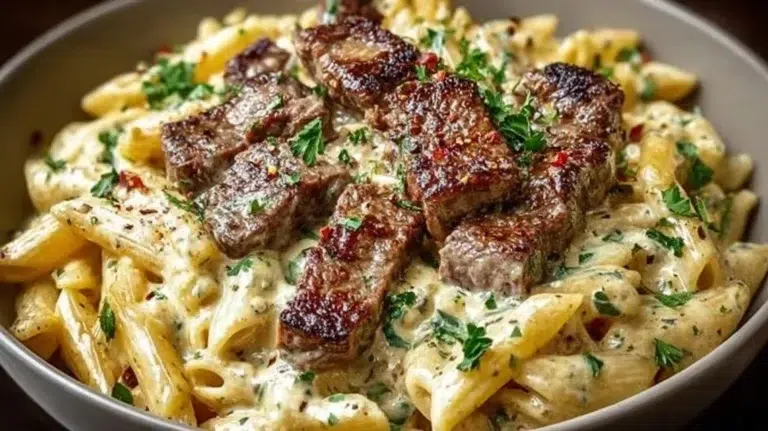 Creamy steak pasta in a bowl garnished with herbs