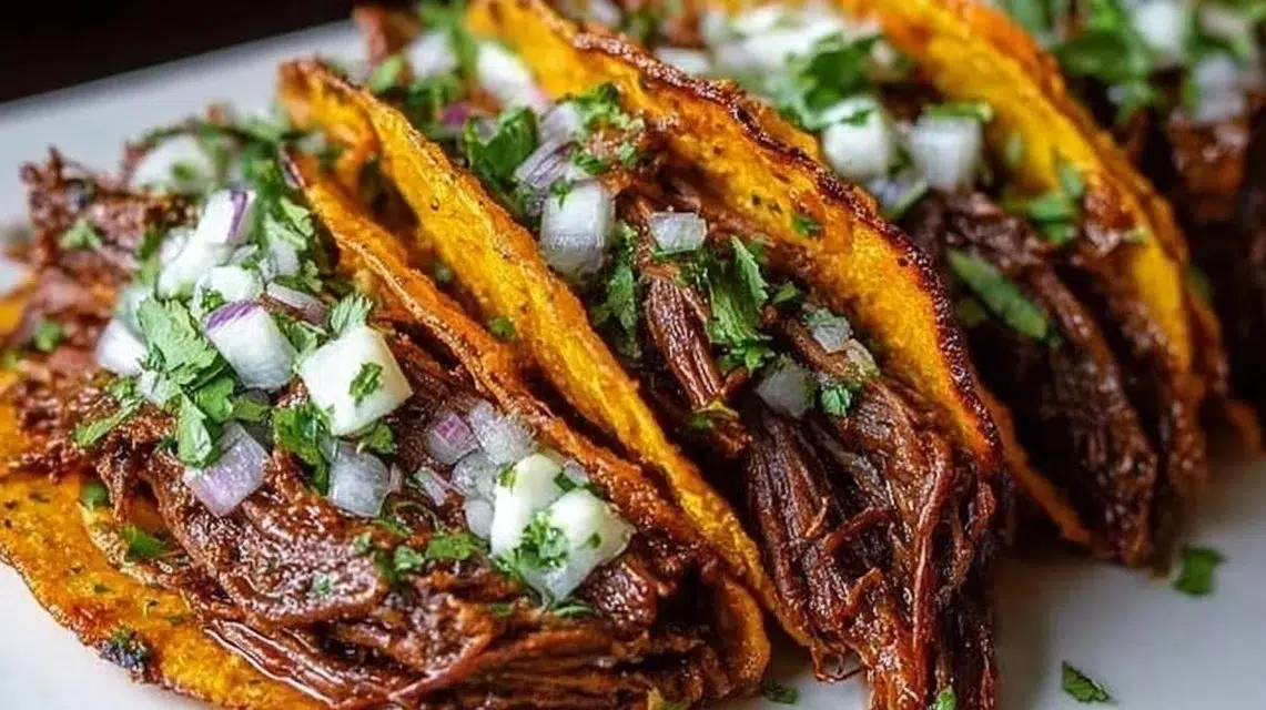 Crock Pot Birria Tacos served with sauce and toppings in a bowl.
