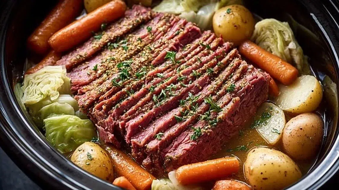 Crockpot corned beef and cabbage dish served on a plate