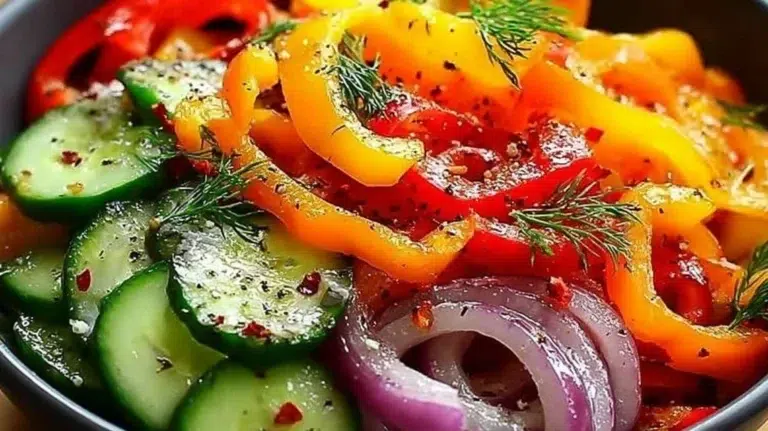 Fresh Cucumber Sweet Pepper Salad served in a bowl with vibrant veggies.