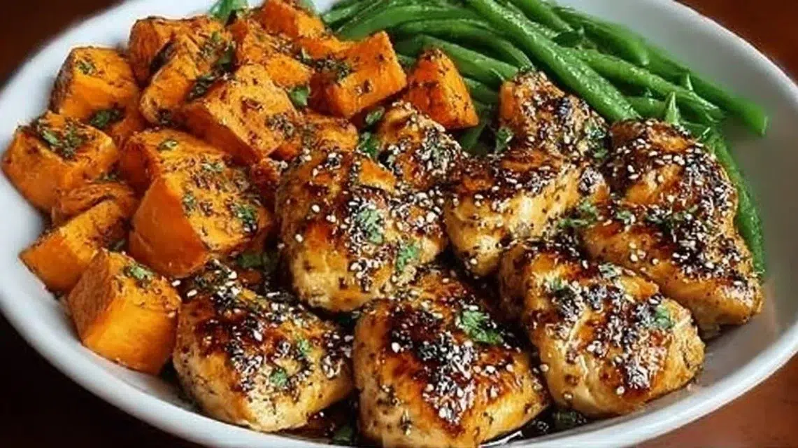 Delicious honey garlic chicken served with sweet potatoes for a quick dinner
