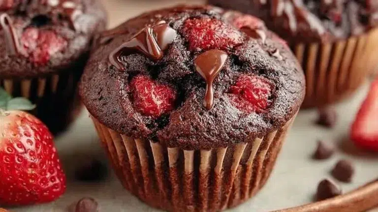Delicious double chocolate strawberry muffins fresh out of the oven