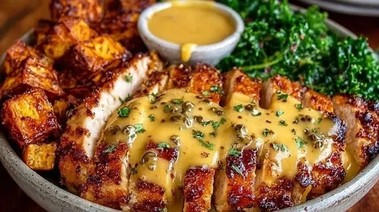 Easy Maple Dijon Chicken Bowl served with fresh vegetables.