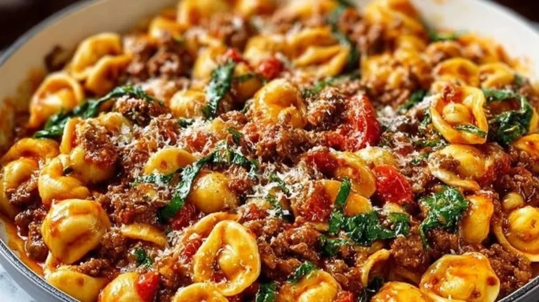 Plate of Easy Marry Me Ground Beef Pasta served with parmesan and herbs