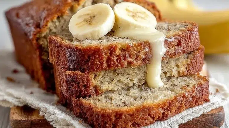 Sliced moist banana bread on a wooden cutting board with bananas