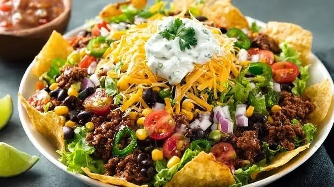 Colorful easy taco salad topped with fresh ingredients and tortilla chips