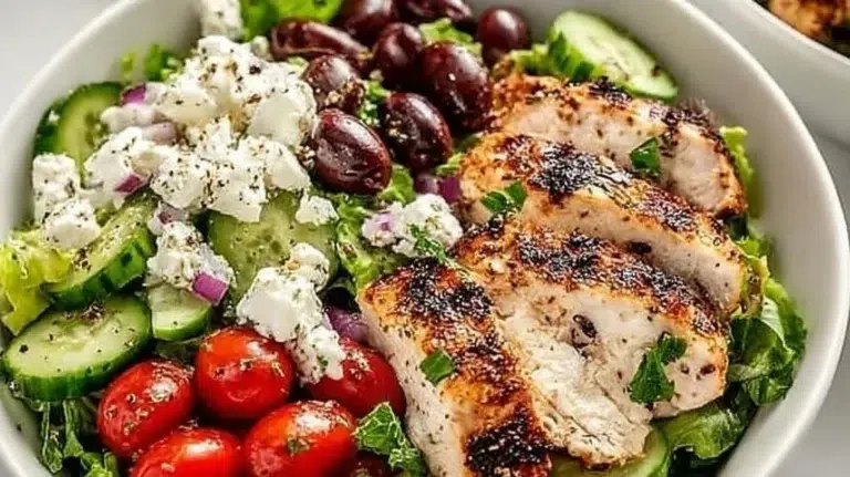 A fresh Greek salad with chicken, colorful vegetables and feta cheese in a bowl.