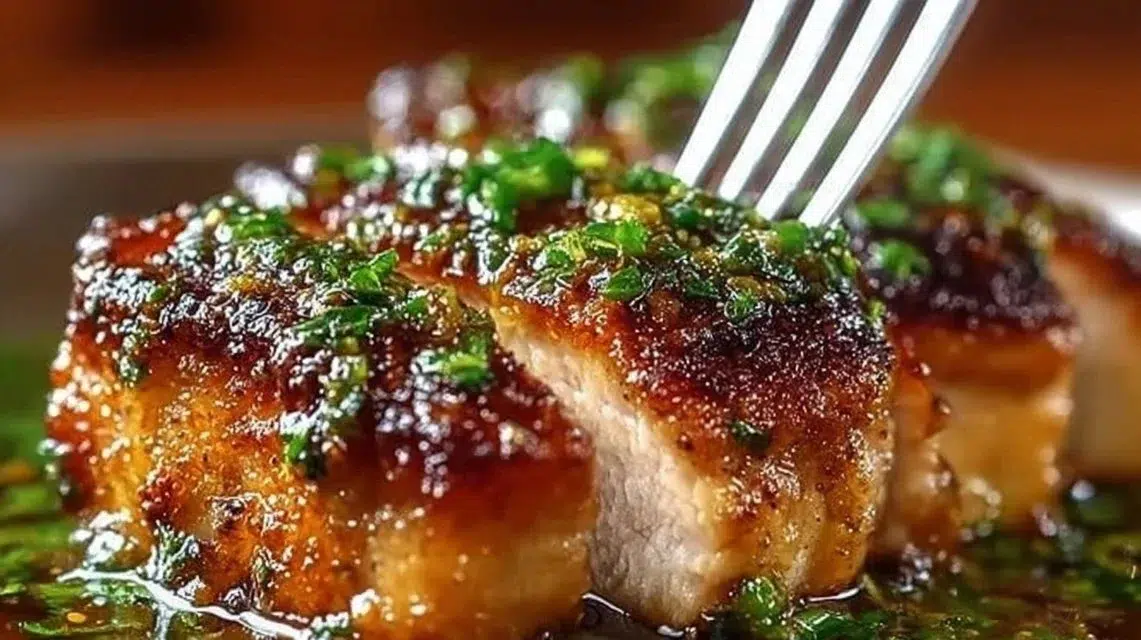 Plate of Garlic Brown Sugar Chicken with garnishes and side vegetables