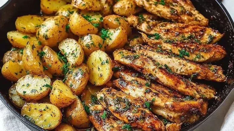 Garlic Butter Chicken served with roasted potatoes