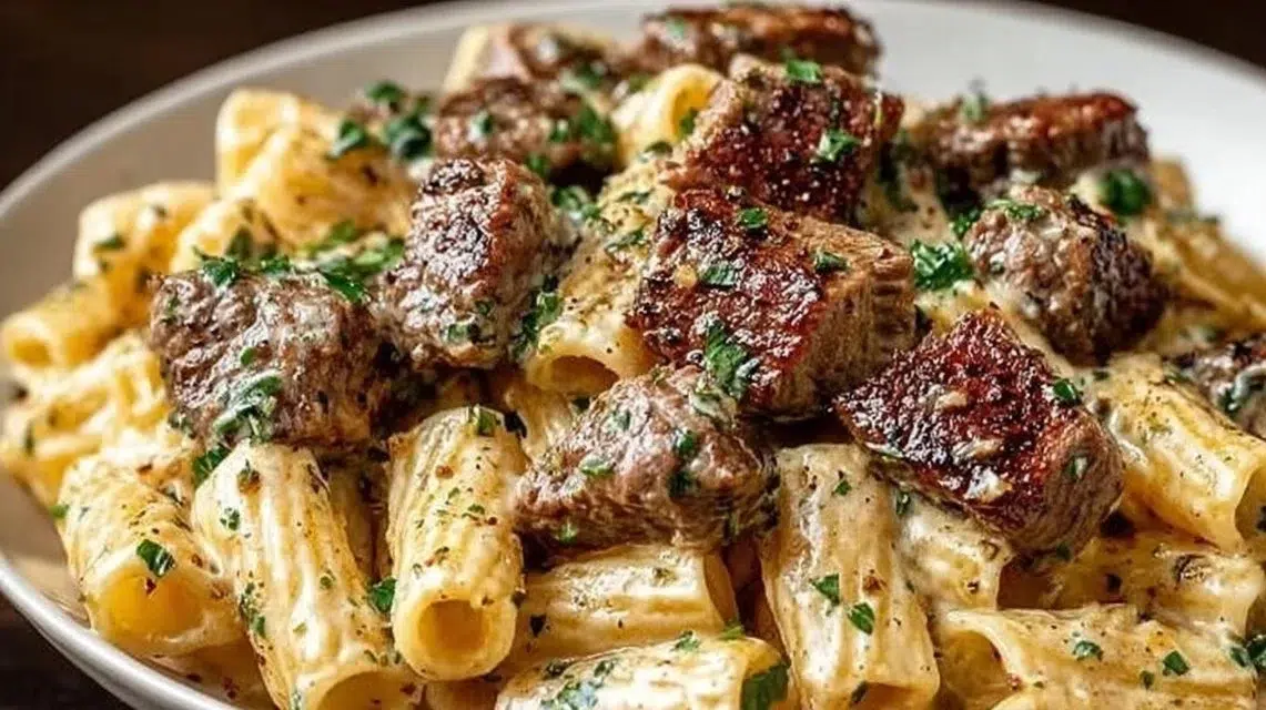 Creamy Garlic Butter Steak Rigatoni dish garnished with parsley on a plate