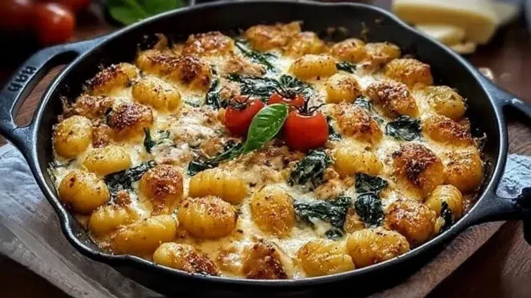 Delicious Garlic Chicken Gnocchi Skillet with herbs and spices.