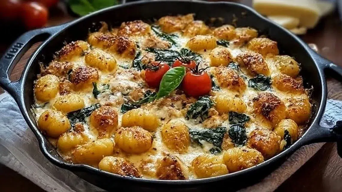 Delicious Garlic Chicken Gnocchi Skillet with herbs and spices.