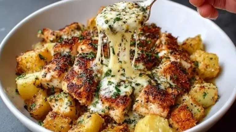 Delicious Garlic Parmesan Chicken and Potatoes in a one-pan dinner recipe.