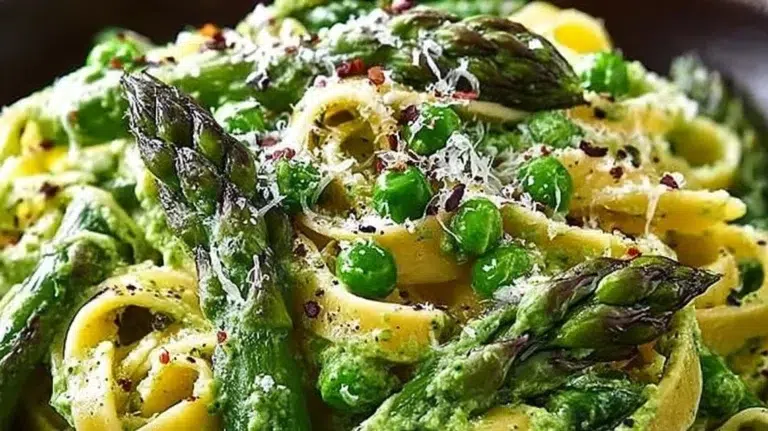 Plate of Green Goddess Fettuccine with creamy spinach sauce, asparagus, and peas