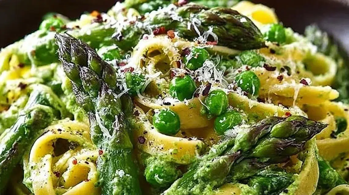Plate of Green Goddess Fettuccine with creamy spinach sauce, asparagus, and peas