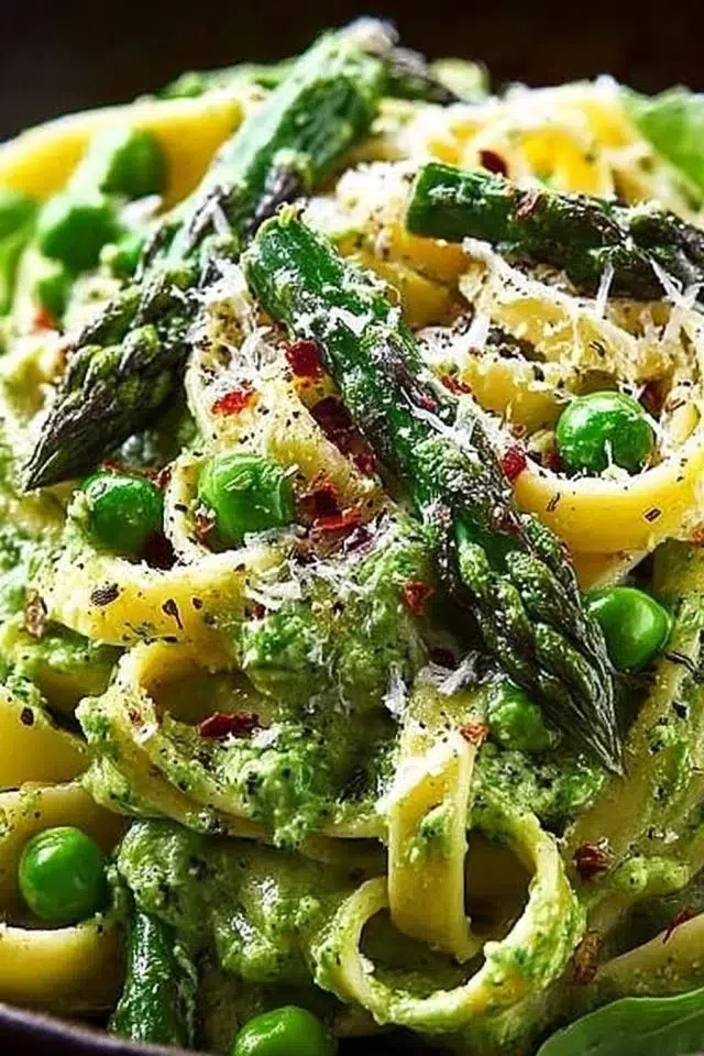 Green Goddess Fettuccine With Creamy Spinach Sauce, Asparagus, and Peas