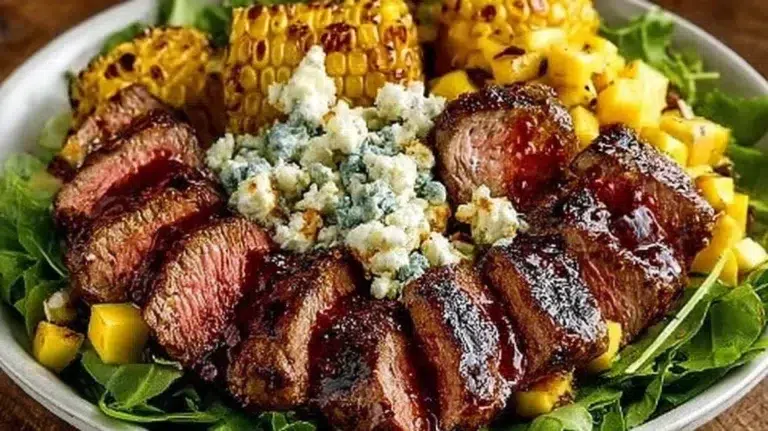 Grilled balsamic steak salad with fresh vegetables and dressing