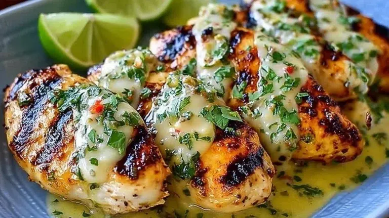 Grilled Salsa Verde Chicken topped with Pepper Jack cheese and fresh herbs