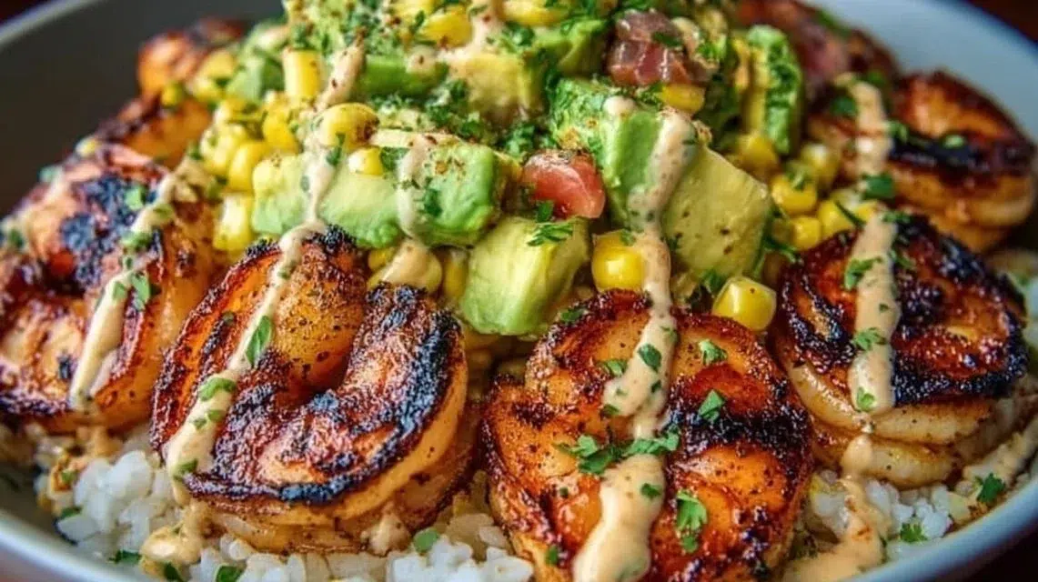 Grilled shrimp bowl with avocado corn salsa, fresh ingredients, and vibrant colors