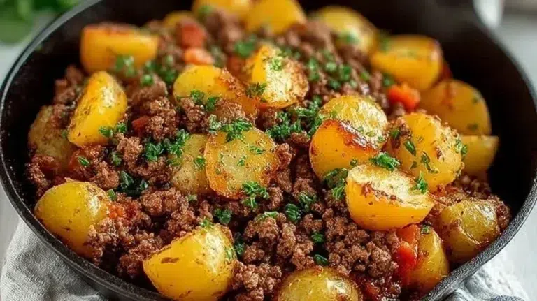 Delicious ground beef and potatoes dish served in a bowl.