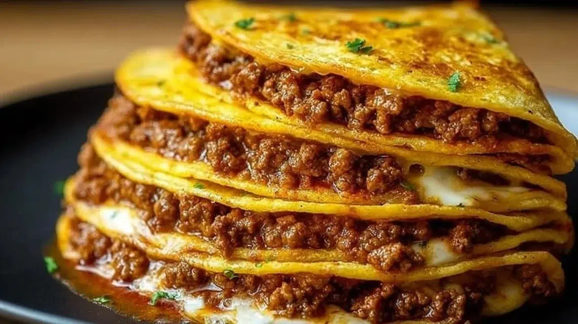 Ground Beef Baked Tacos freshly baked and garnished with toppings.