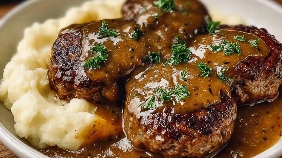Delicious homemade Hamburger Steak served with gravy and vegetables on a plate.