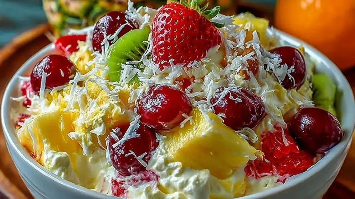 A vibrant Hawaiian Cheesecake Salad showcasing tropical flavors and fresh ingredients.