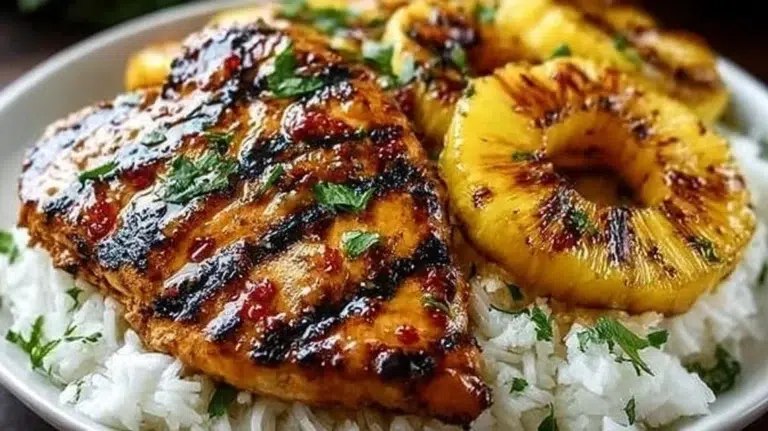 Hawaiian chicken with pineapple and coconut rice on a plate