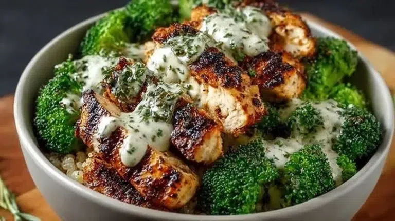 Healthy grilled chicken broccoli bowl topped with creamy garlic sauce.