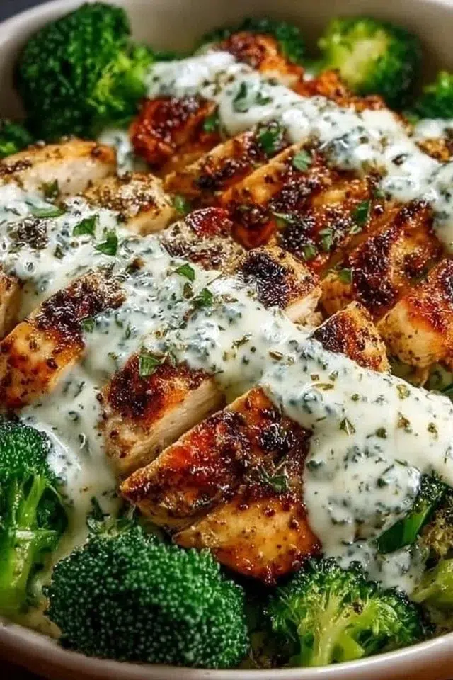 Healthy Grilled Chicken Broccoli Bowls with Creamy Garlic Sauce