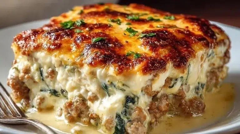 High Protein Ground Turkey Casserole served in a dish with cheese and vegetables.