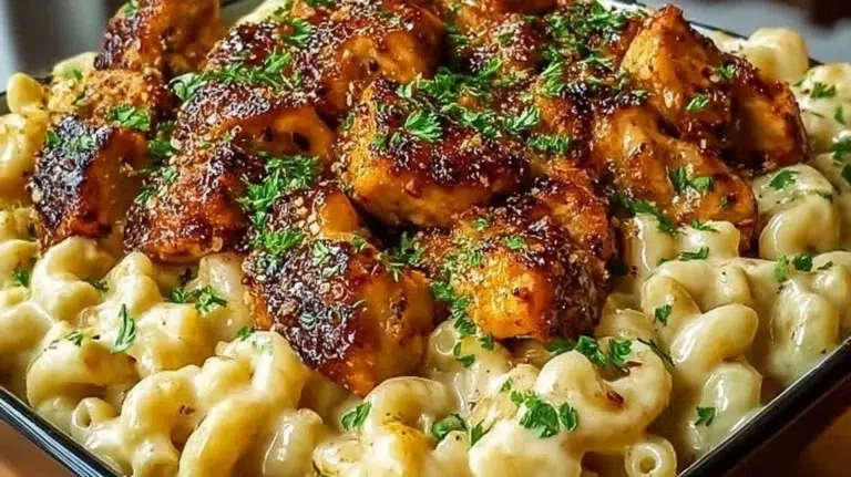 High Protein Honey Garlic Chicken Mac & Cheese dish garnished with herbs