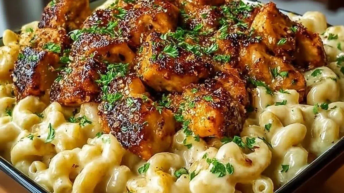 High Protein Honey Garlic Chicken Mac & Cheese dish garnished with herbs