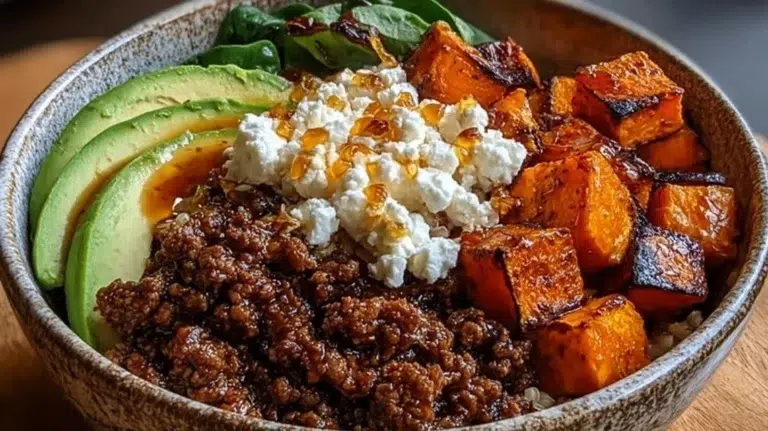 High Protein Hot Honey Beef Bowl garnished with herbs and spices