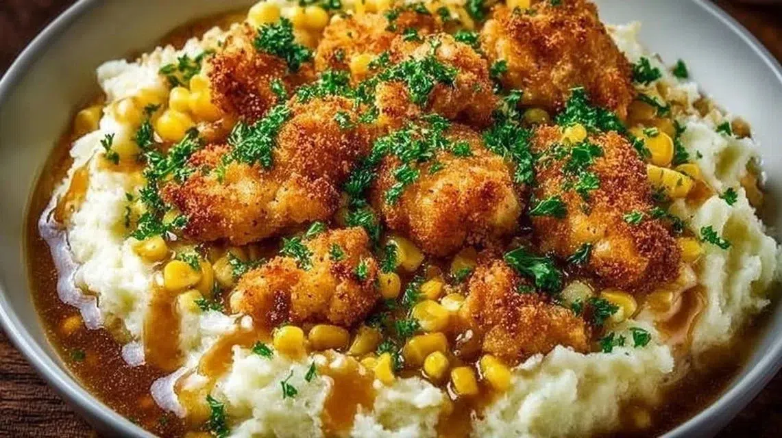 Homestyle chicken mashed potato bowl topped with herbs and gravy