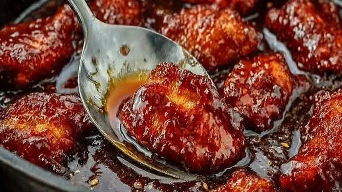 Delicious plate of honey butter chicken garnished with herbs.